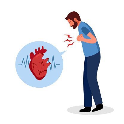 Man with heart attack symptom in flat design on white background. Heart disease concept.